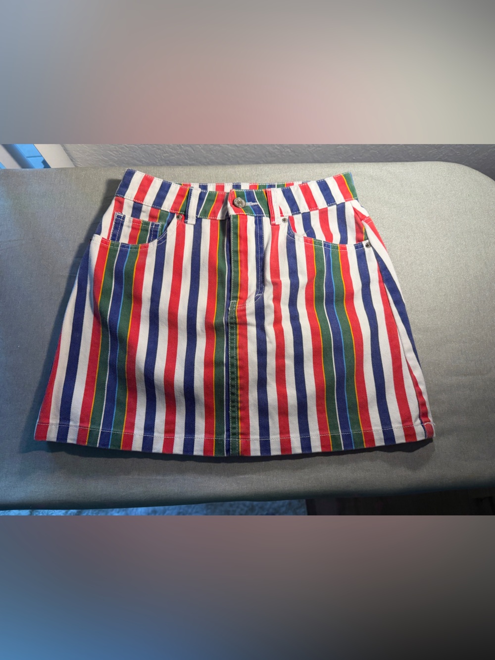 Forever 21 S Rainbow Striped Denim Mini Skirt Y2K Retro 90s 100% Cotton